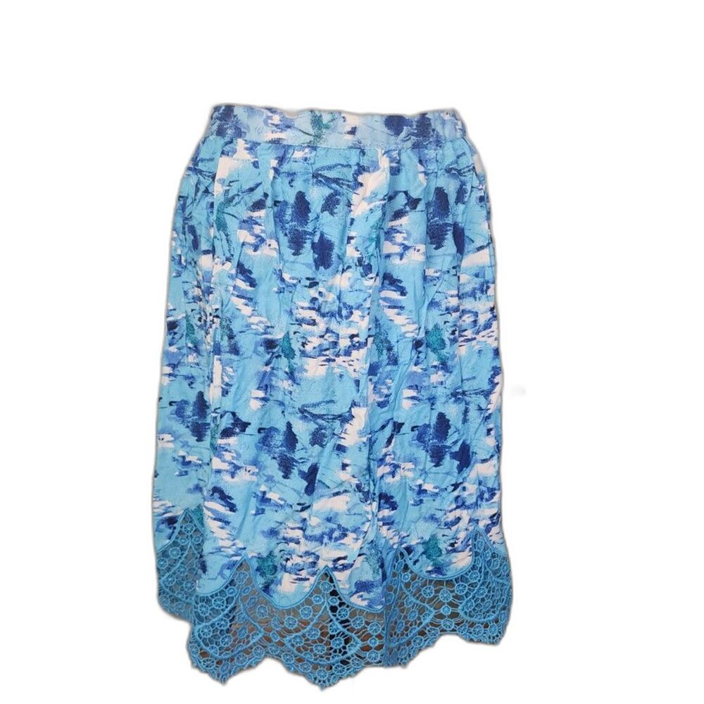 NWT Tanzara Blue & White Lace Trim Midi Skirt